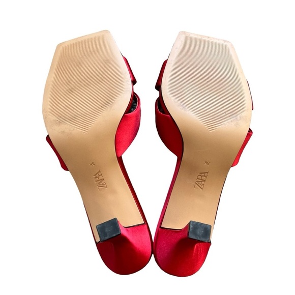 Zara - Red Satin Effect Toe Loop Square Heels Sandals Sz 38 - Picture 9 of 11